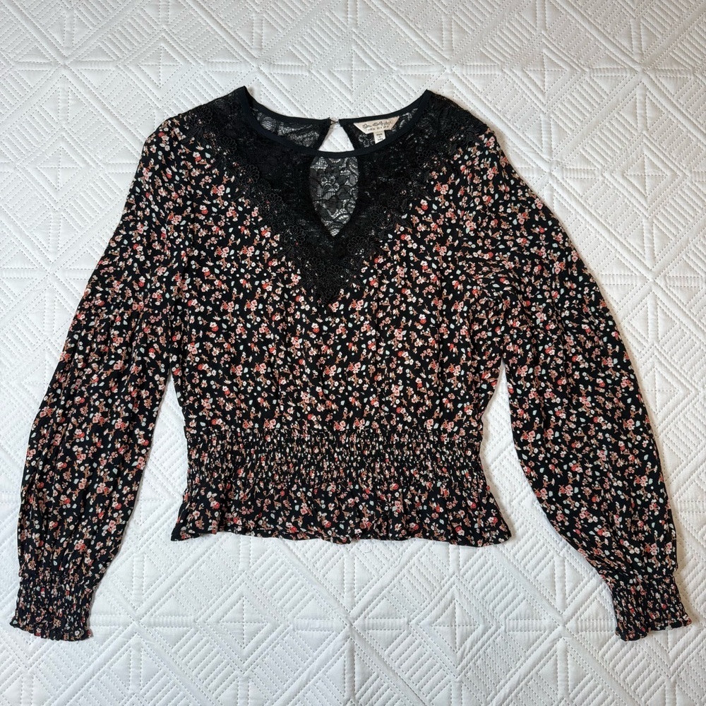 Miss Selfridge Lace Inset Long Sleeve Floral Blouse Size 4